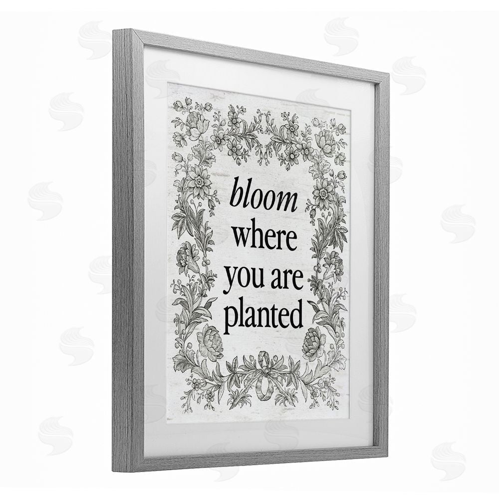 Lettered and Lined Inspiring Bloom with Vintage Border Gray Framed Print Under Glass Art