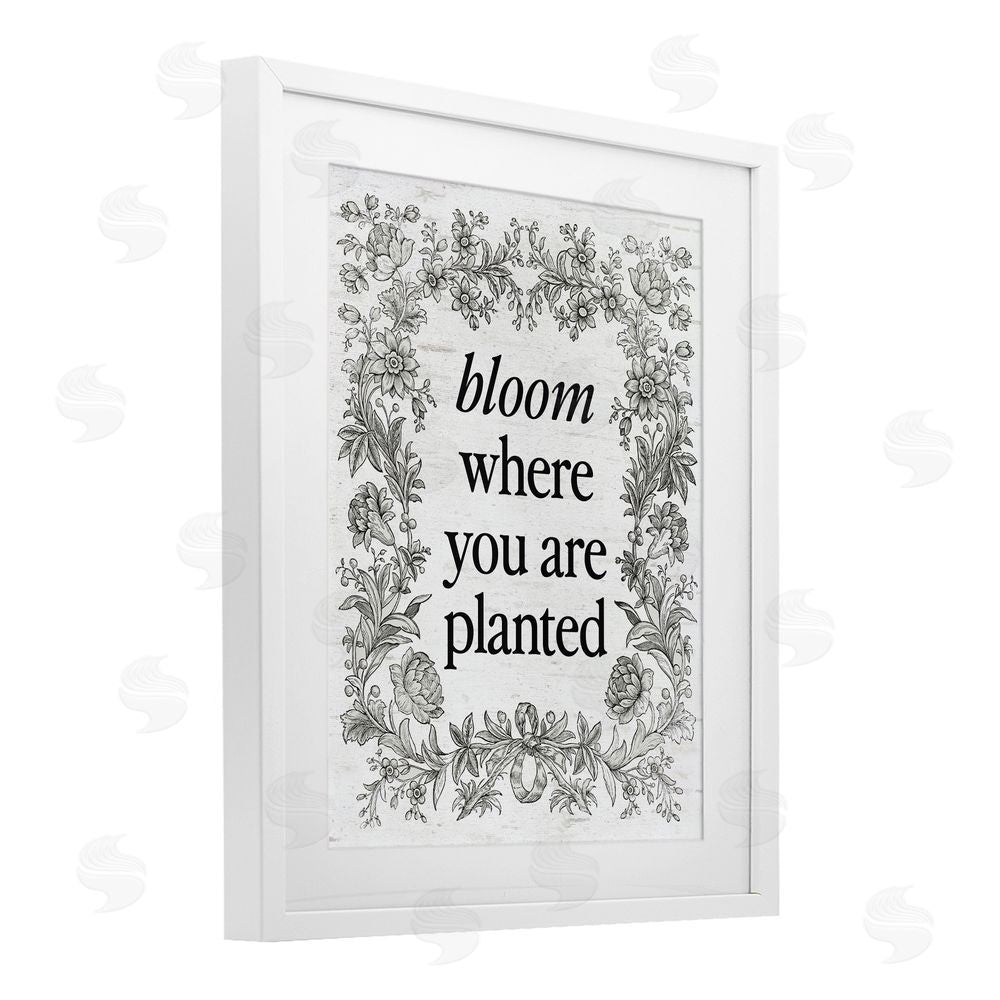 Lettered and Lined Inspiring Bloom with Vintage Border White Framed Print Under Glass Art
