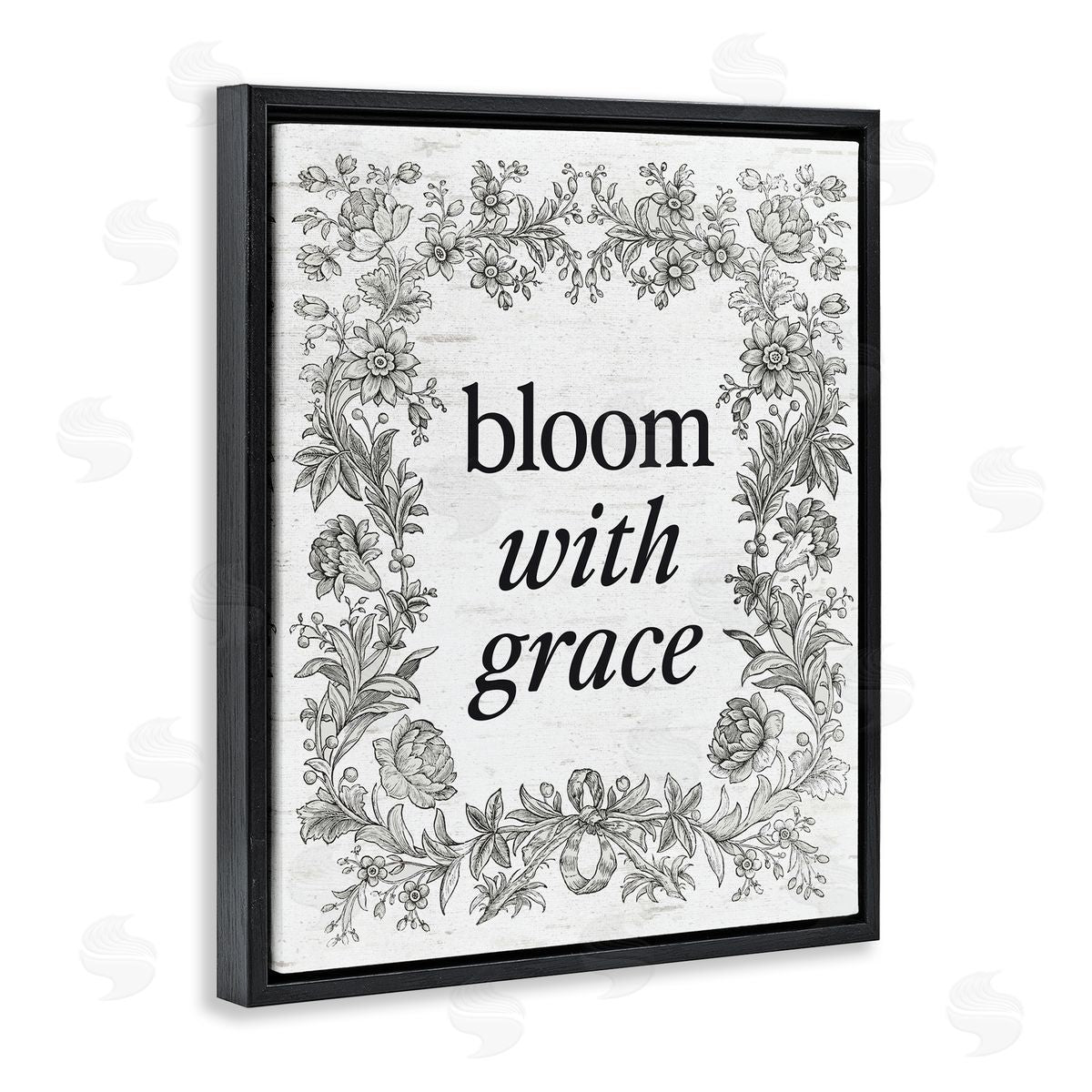 Lettered and Lined Bloom with Grace Vintage Border Black Floating Frame Canvas Wall Art Print