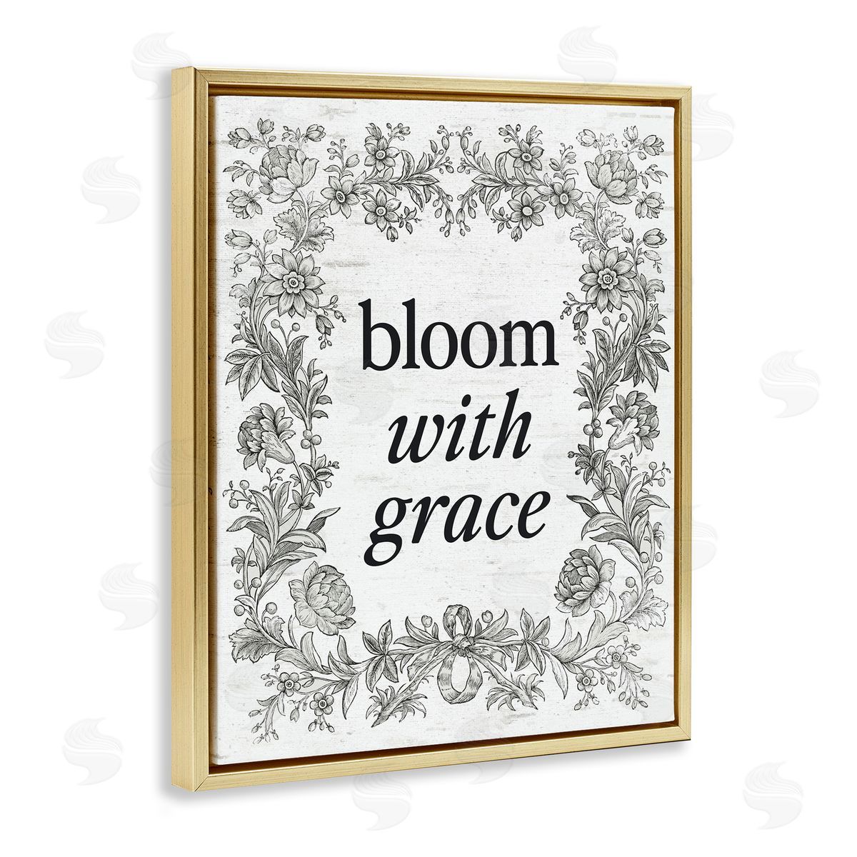 Lettered and Lined Bloom with Grace Vintage Border Gold Floating Frame Canvas Art Print