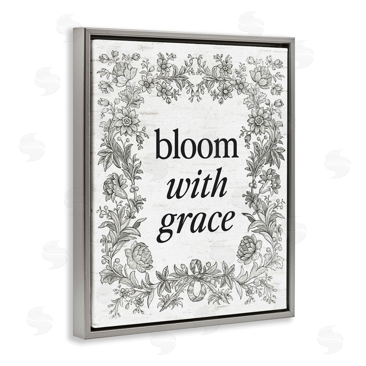 Lettered and Lined Bloom with Grace Vintage Border Gray Floating Frame Canvas Art Print