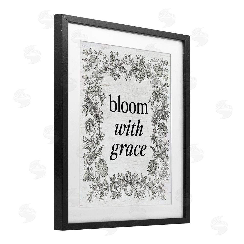 Lettered and Lined Bloom with Grace Vintage Border Black Framed Print Under Glass Art