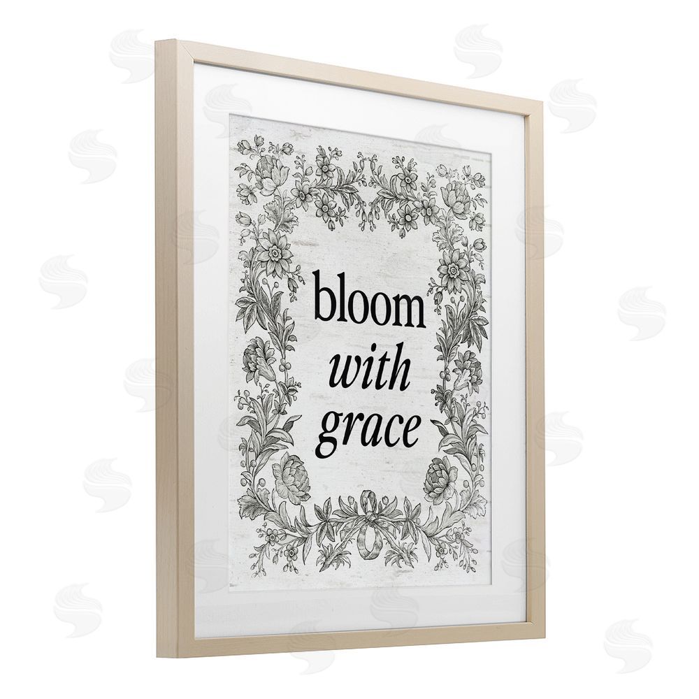 Lettered and Lined Bloom with Grace Vintage Border Birch Framed Print Under Glass Art