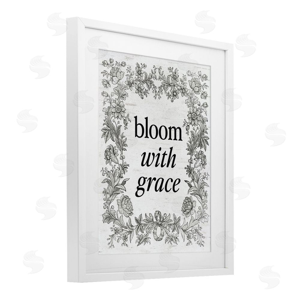 Lettered and Lined Bloom with Grace Vintage Border White Framed Print Under Glass Art