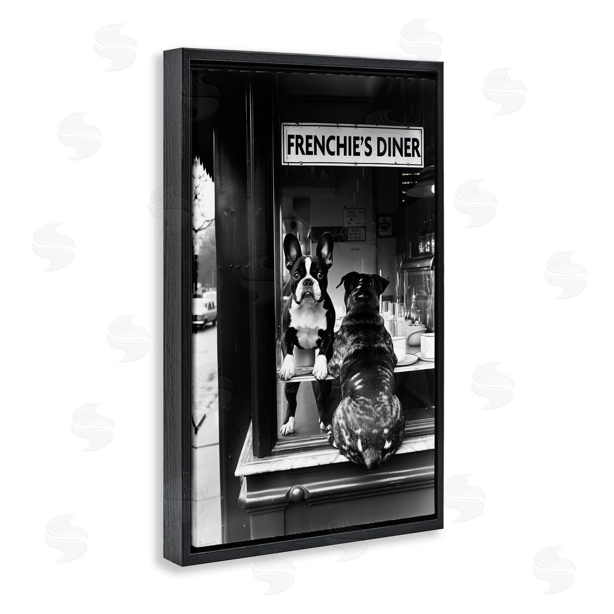 Annabelle Hall Frenchie's Diner Window View Black Floating Frame Canvas Wall Art Print