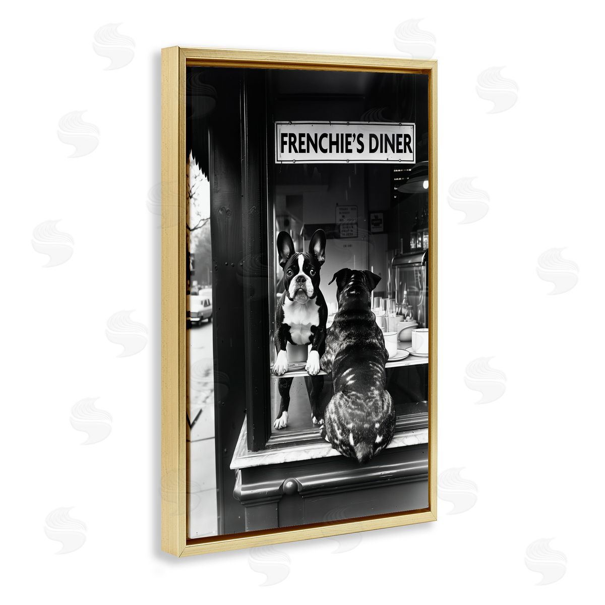 Annabelle Hall Frenchie's Diner Window View Gold Floating Frame Canvas Art Print