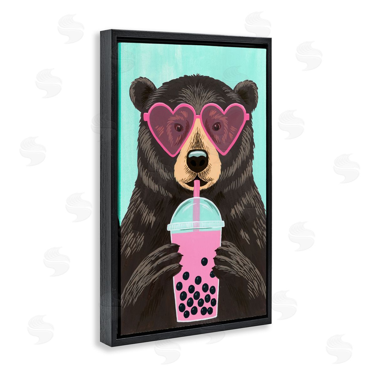 Courtney Haley Bear And Bubble Tea Black Floating Frame Canvas Wall Art Print