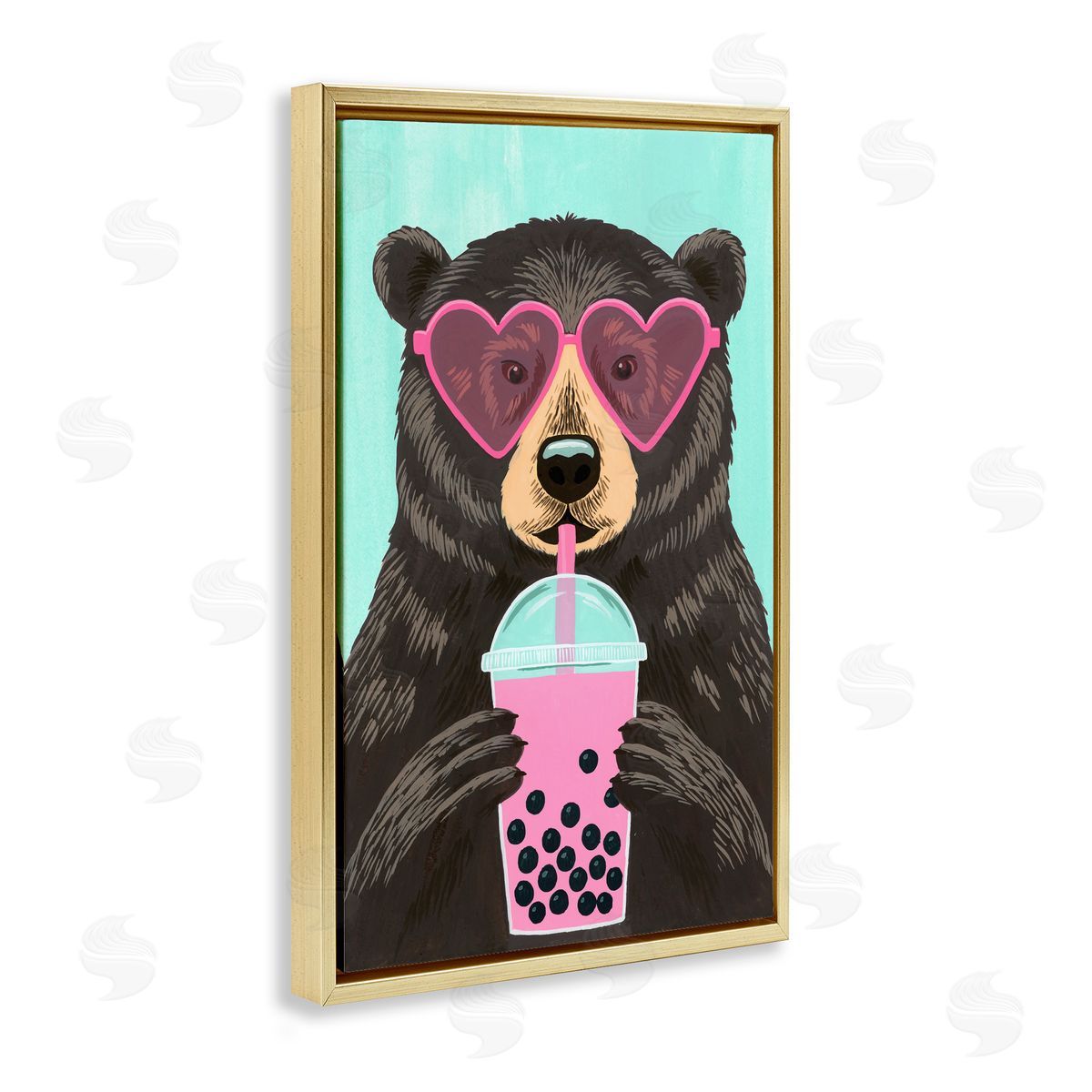 Courtney Haley Bear And Bubble Tea Gold Floating Frame Canvas Art Print