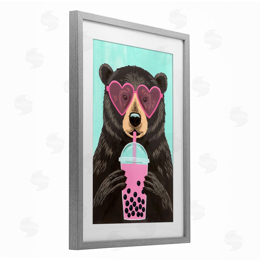Courtney Haley Bear And Bubble Tea Gray Framed Print Under Glass Art