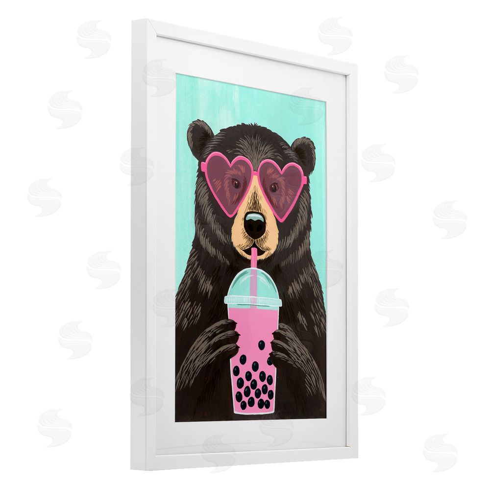 Courtney Haley Bear And Bubble Tea White Framed Print Under Glass Art