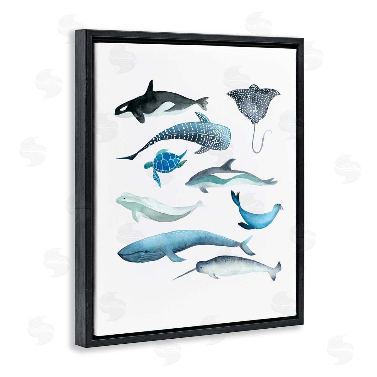 Evelyn Coleman Underwater Creatures in Blues Black Floating Frame Canvas Wall Art Print