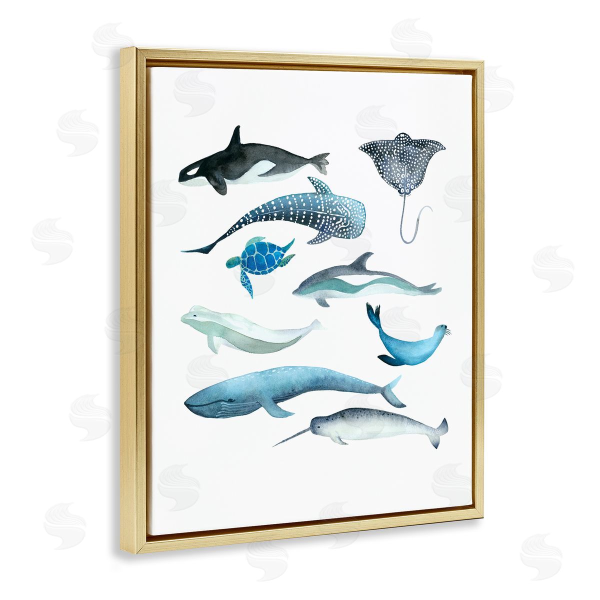 Evelyn Coleman Underwater Creatures in Blues Gold Floating Frame Canvas Art Print