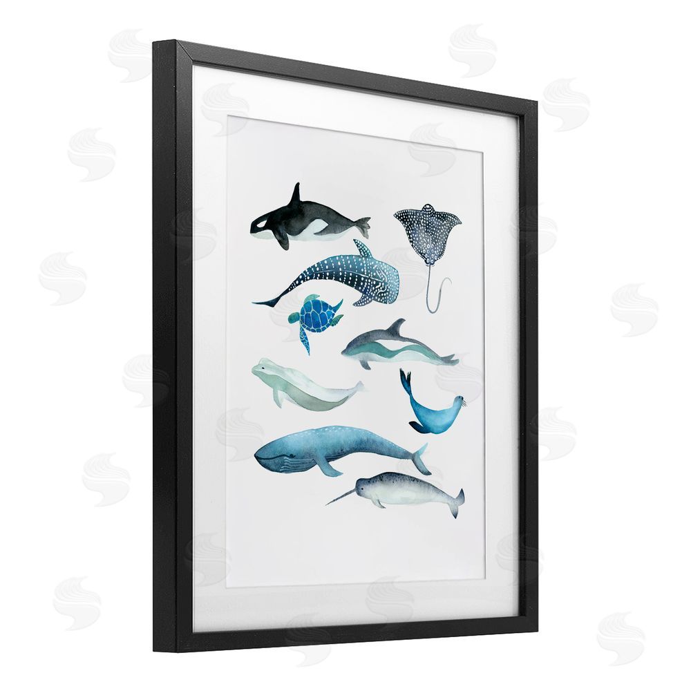 Evelyn Coleman Underwater Creatures in Blues Black Framed Print Under Glass Art