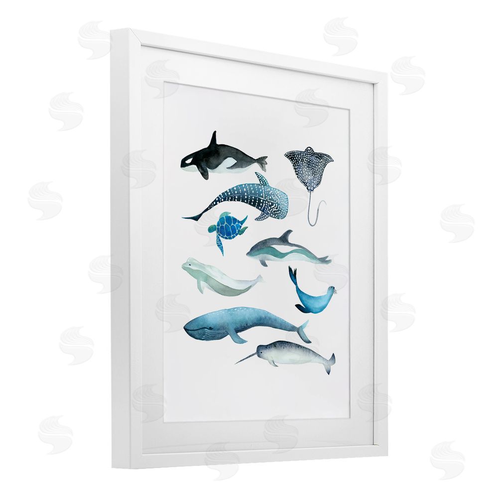 Evelyn Coleman Underwater Creatures in Blues White Framed Print Under Glass Art