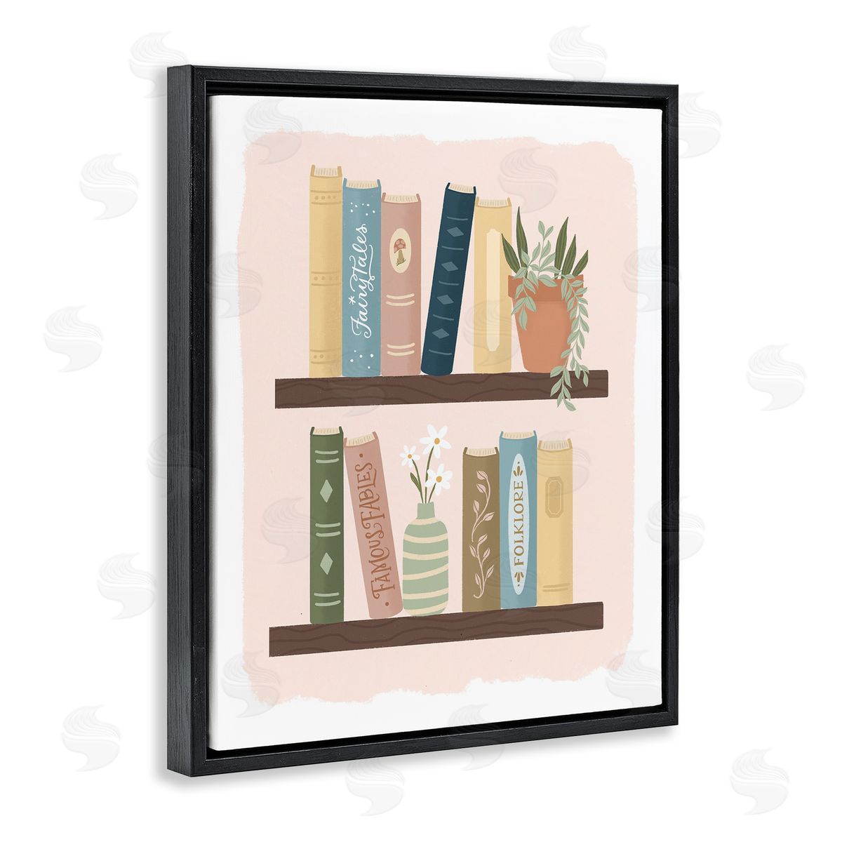 Sandra Picco Minimal Bookshelves with Plant Black Floating Frame Canvas Wall Art Print
