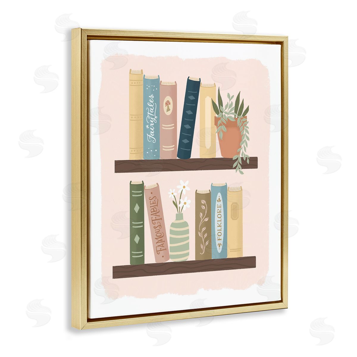 Sandra Picco Minimal Bookshelves with Plant Gold Floating Frame Canvas Art Print