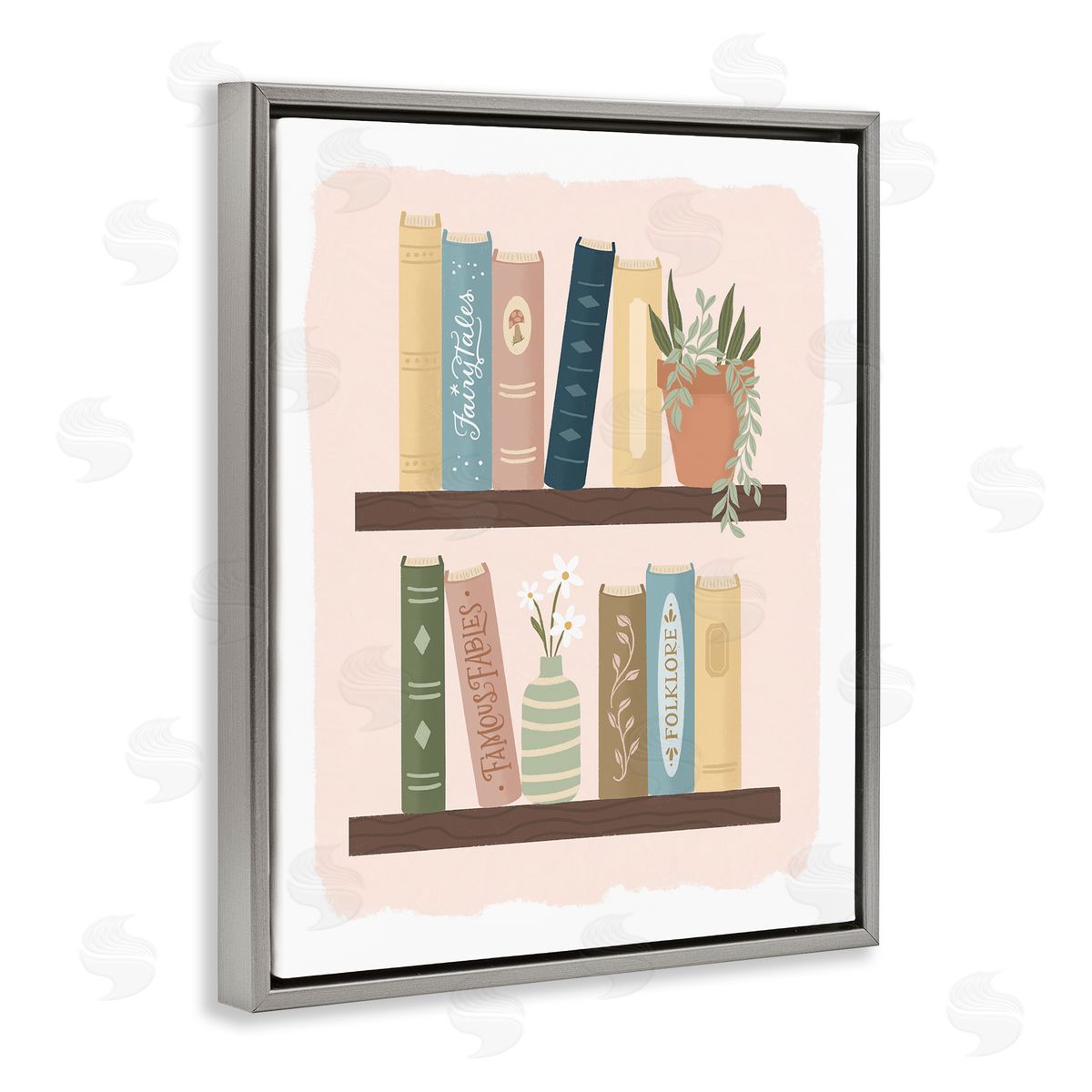 Sandra Picco Minimal Bookshelves with Plant Gray Floating Frame Canvas Art Print