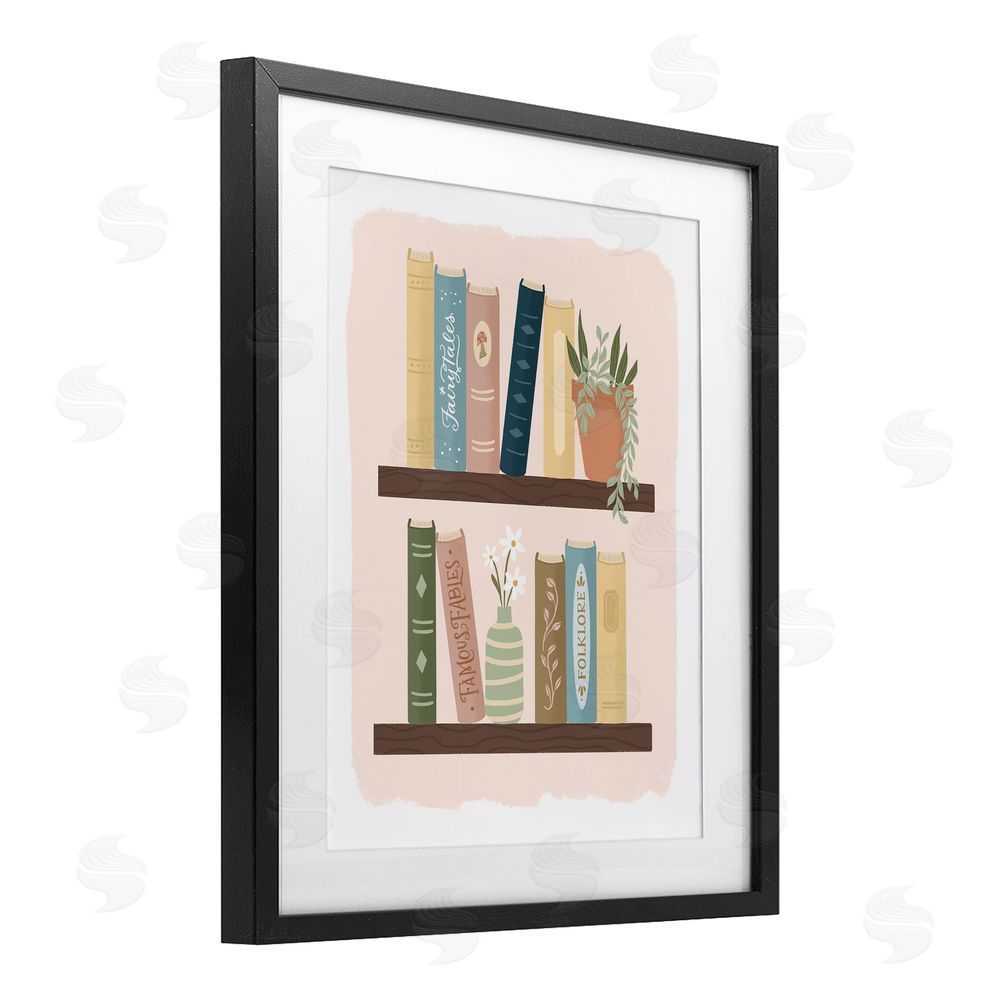 Sandra Picco Minimal Bookshelves with Plant Black Framed Print Under Glass Art