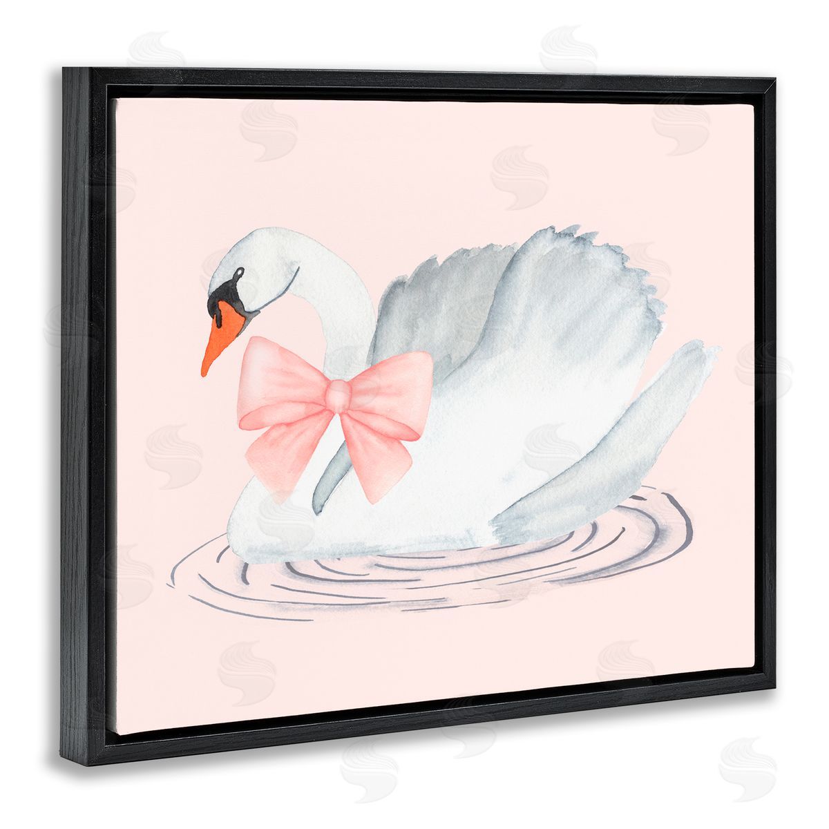 Nina Jacobs White Swan with Pink Ribbon Black Floating Frame Canvas Wall Art Print