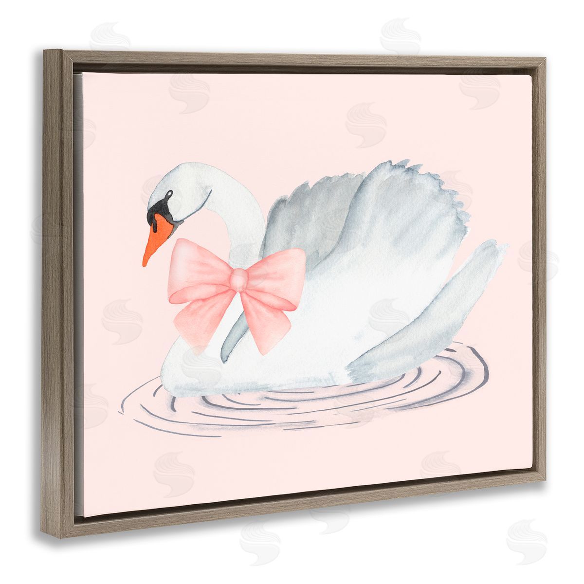 Nina Jacobs White Swan with Pink Ribbon Brown Floating Frame Canvas Art Print
