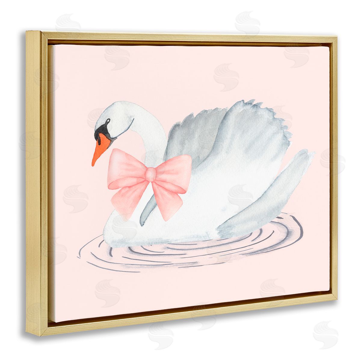 Nina Jacobs White Swan with Pink Ribbon Gold Floating Frame Canvas Art Print