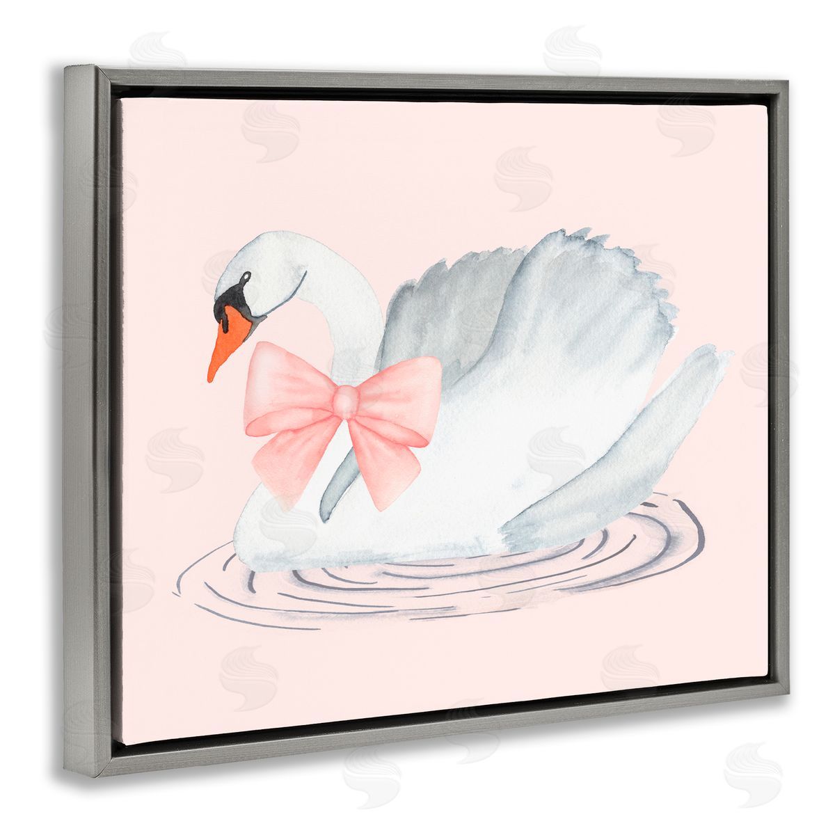 Nina Jacobs White Swan with Pink Ribbon Gray Floating Frame Canvas Art Print