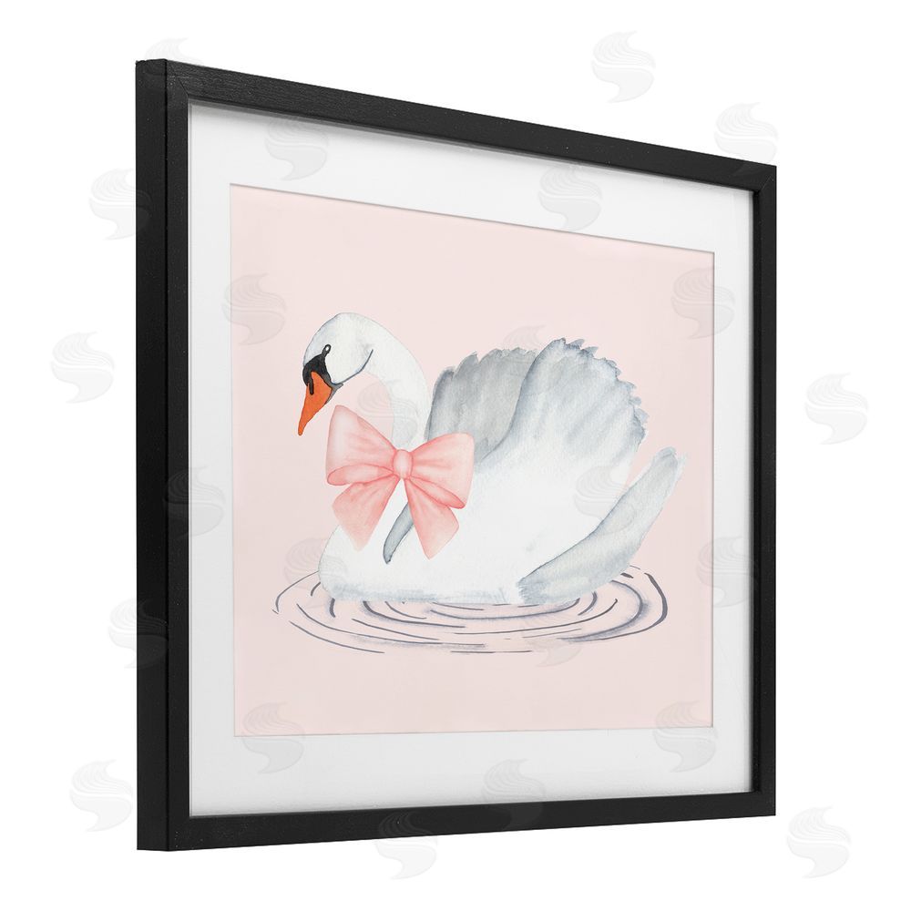 Nina Jacobs White Swan with Pink Ribbon Black Framed Print Under Glass Art