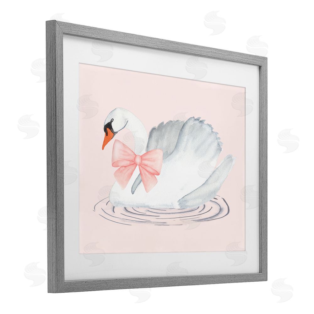 Nina Jacobs White Swan with Pink Ribbon Gray Framed Print Under Glass Art