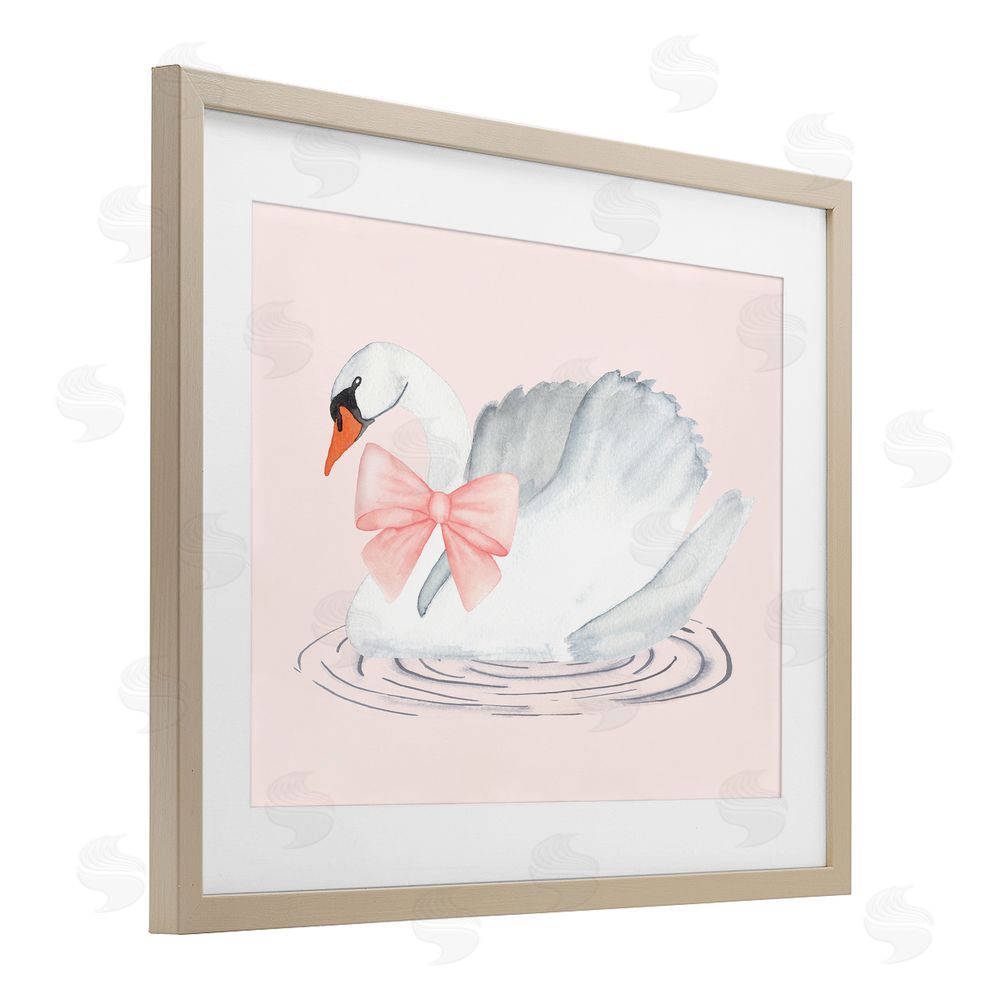 Nina Jacobs White Swan with Pink Ribbon Birch Framed Print Under Glass Art