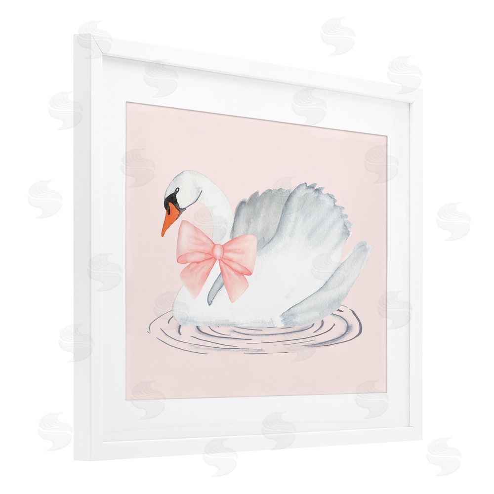 Nina Jacobs White Swan with Pink Ribbon White Framed Print Under Glass Art