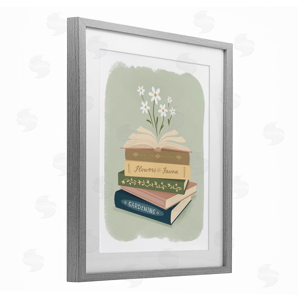 Sandra Picco Open Book Stack Gardening Theme Gray Framed Print Under Glass Art