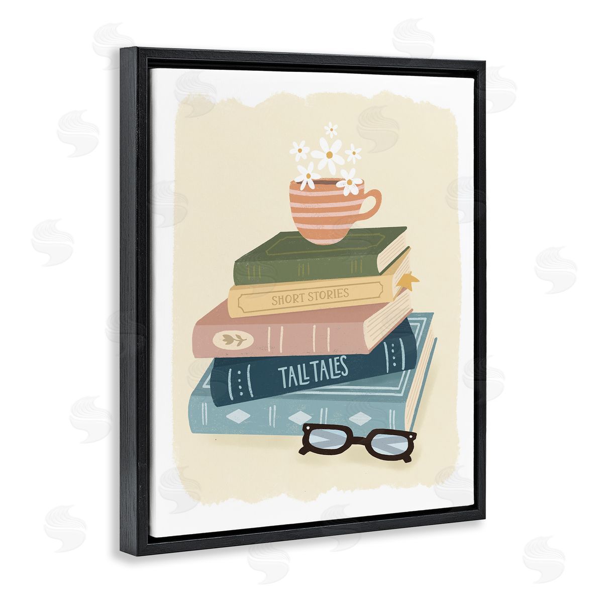 Sandra Picco Minimal Book Stack with Glasses Black Floating Frame Canvas Wall Art Print