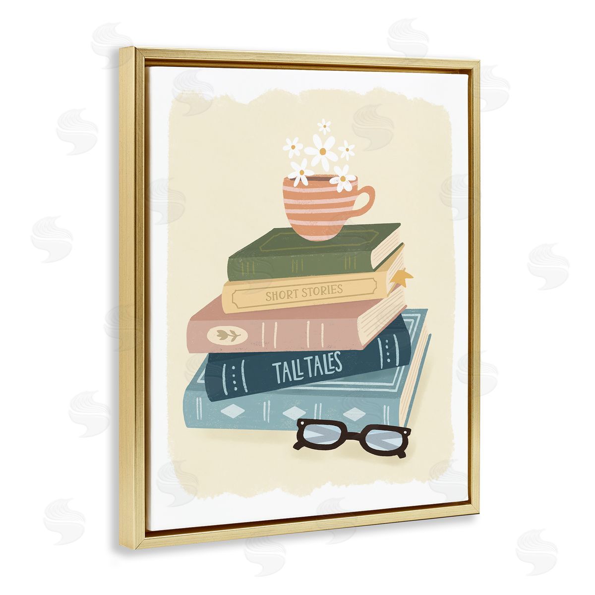 Sandra Picco Minimal Book Stack with Glasses Gold Floating Frame Canvas Art Print