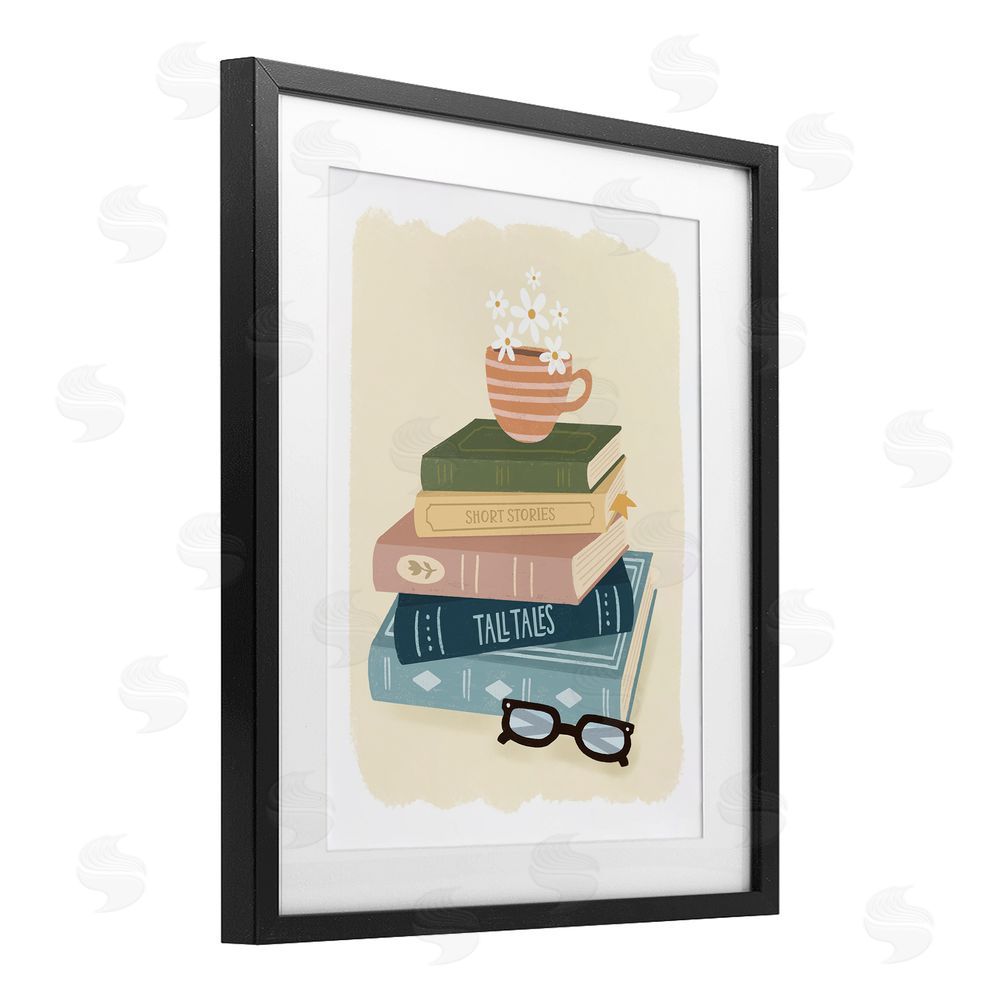 Sandra Picco Minimal Book Stack with Glasses Black Framed Print Under Glass Art