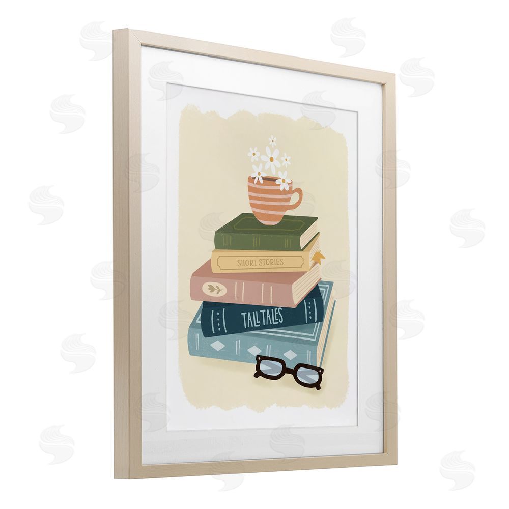 Sandra Picco Minimal Book Stack with Glasses Birch Framed Print Under Glass Art