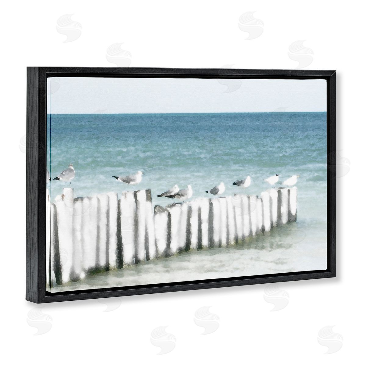 Noah Bay Gulls Waiting Beach Scene Black Floating Frame Canvas Wall Art Print