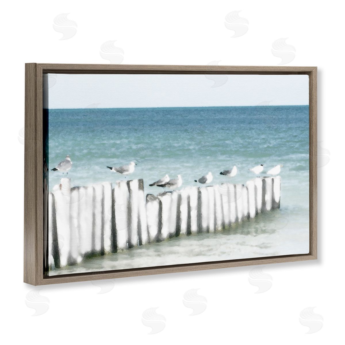 Noah Bay Gulls Waiting Beach Scene Brown Floating Frame Canvas Art Print