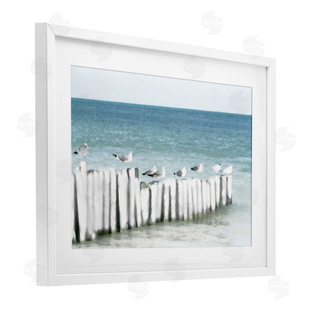 Noah Bay Gulls Waiting Beach Scene White Framed Print Under Glass Art