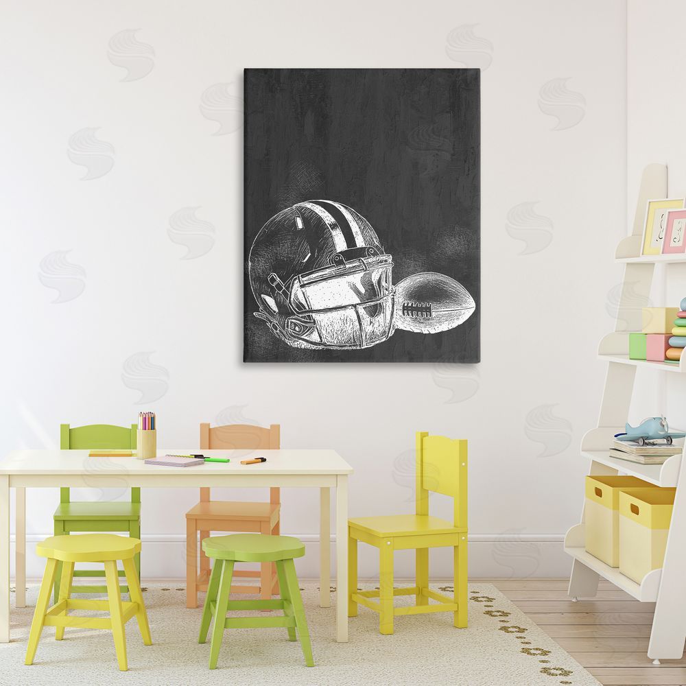 Kim Allen Monochrome Football Helmet & Ball Printed Wall Art in Room