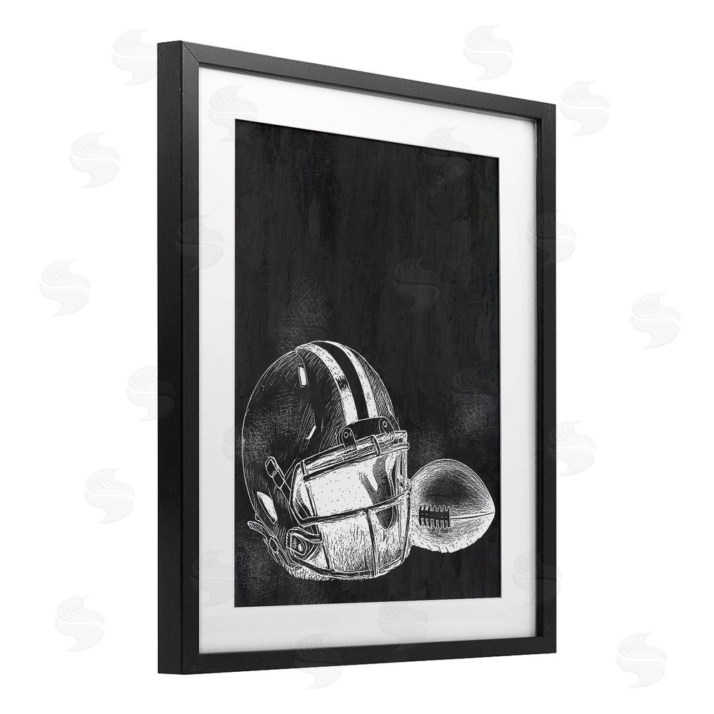 Kim Allen Monochrome Football Helmet & Ball Black Framed Print Under Glass Art