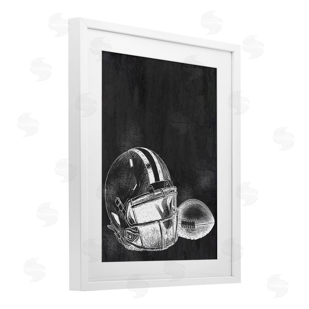 Kim Allen Monochrome Football Helmet & Ball White Framed Print Under Glass Art