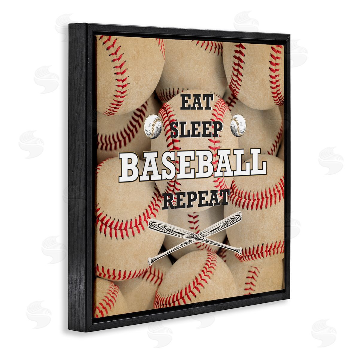 Kim Allen Eat Sleep Baseball Repeat Black Floating Frame Canvas Wall Art Print