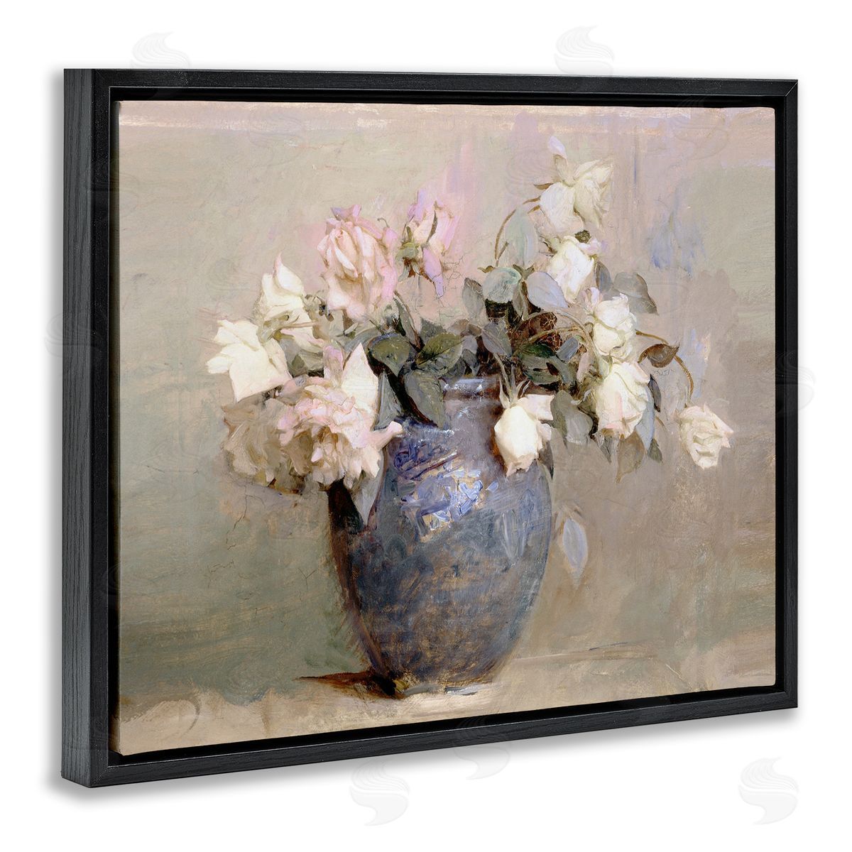 Leah Straatsma Vintage Roses In Blue Vase Black Floating Frame Canvas Wall Art Print
