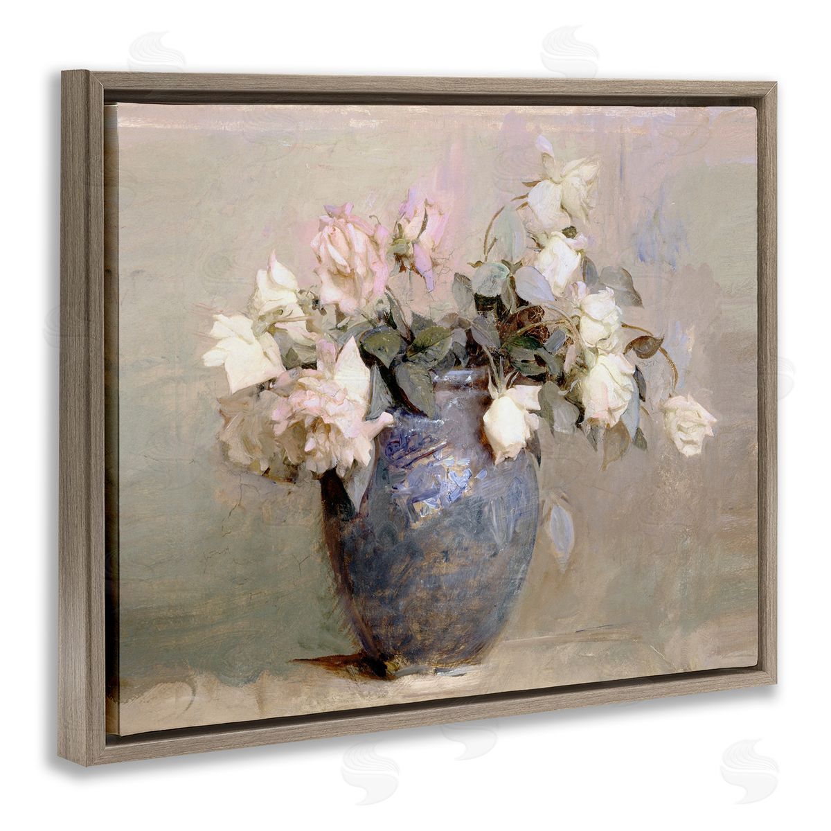 Leah Straatsma Vintage Roses In Blue Vase Brown Floating Frame Canvas Art Print