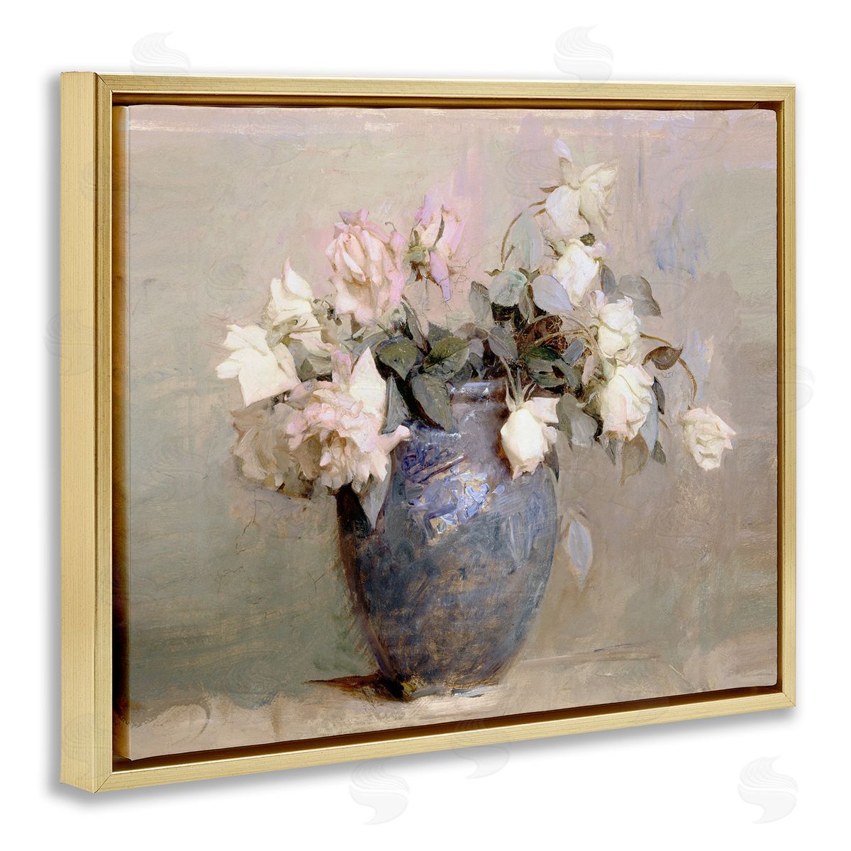 Leah Straatsma Vintage Roses In Blue Vase Gold Floating Frame Canvas Art Print