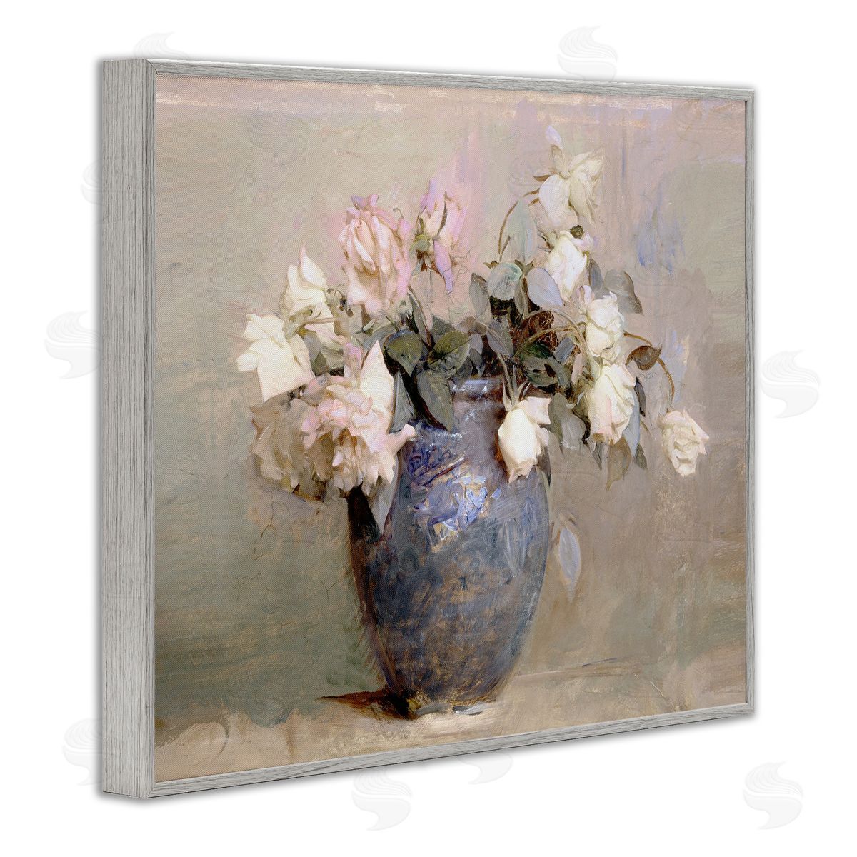 Leah Straatsma Vintage Roses In Blue Vase Gray Framed Giclee Art Print