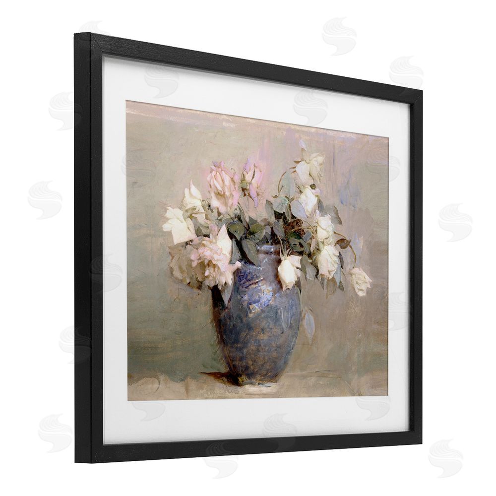 Leah Straatsma Vintage Roses In Blue Vase Black Framed Print Under Glass Art