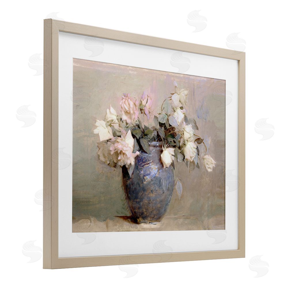 Leah Straatsma Vintage Roses In Blue Vase Birch Framed Print Under Glass Art
