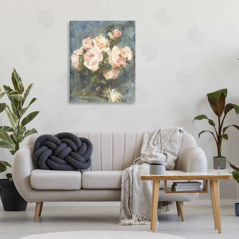 Leah Straatsma Vintage Pink Roses Blue Background Printed Wall Art in Room