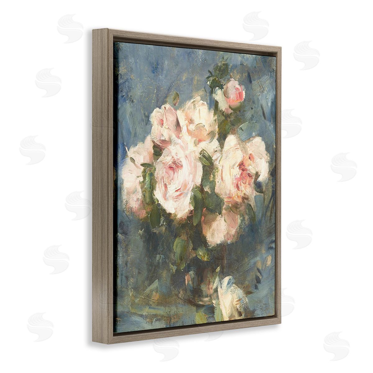 Leah Straatsma Vintage Pink Roses Blue Background Brown Floating Frame Canvas Art Print